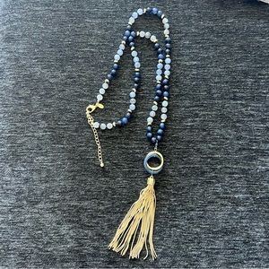 EUC Chico’s Long necklace with chain tassel and blue beads 23 1/2”